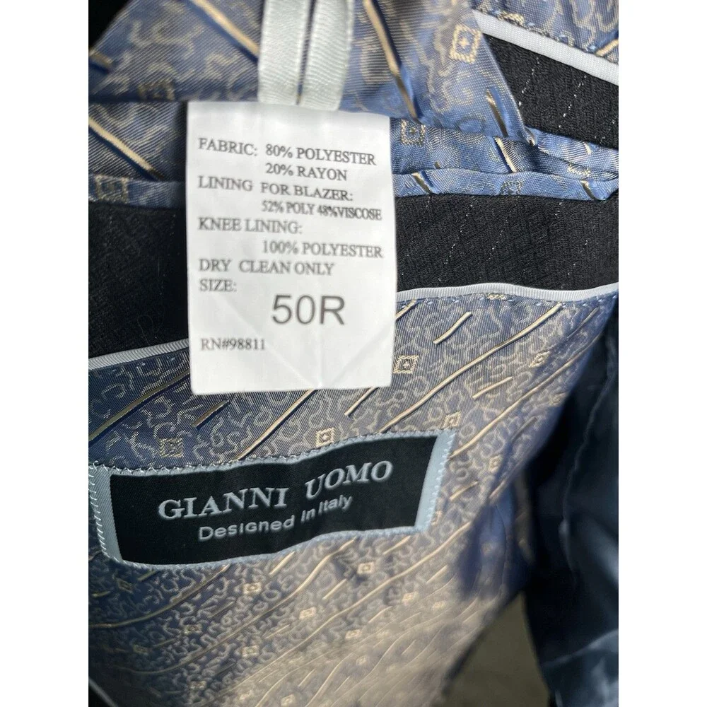 Gianni Uomo Suit Designed in Italy 50R 46x30 Super 120 Black Pinstriped Wide Leg